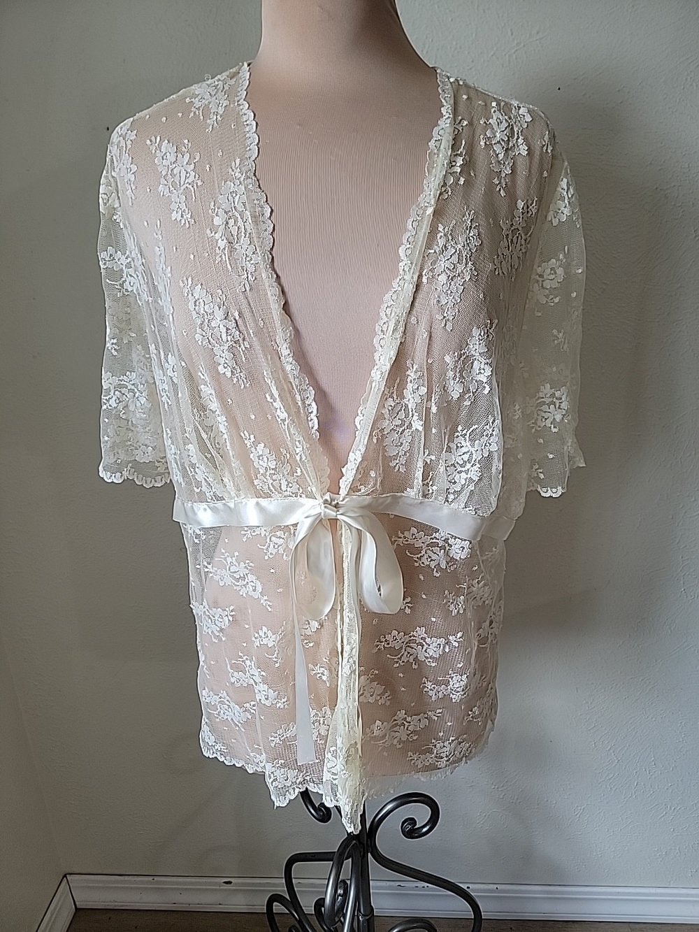 Sheer Lace Ribbon Tie-Front Top in Ivory Large Layering